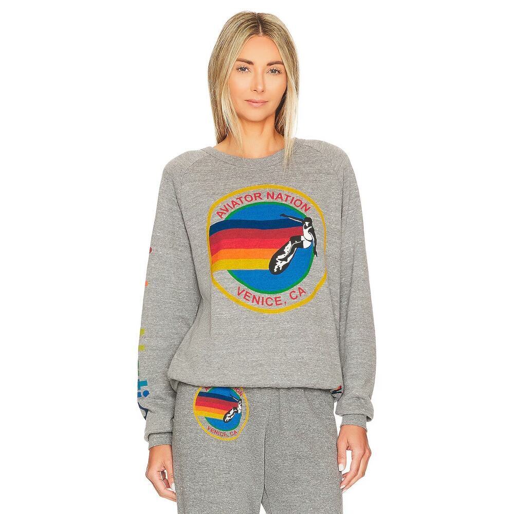 Aviator Nation Crew Neck Graphic Print Pullover Sweatshirt Heather Grey Size XS